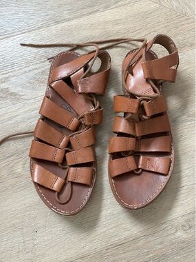 Women’s Tan Leather Strappy Lace-Up Sandals